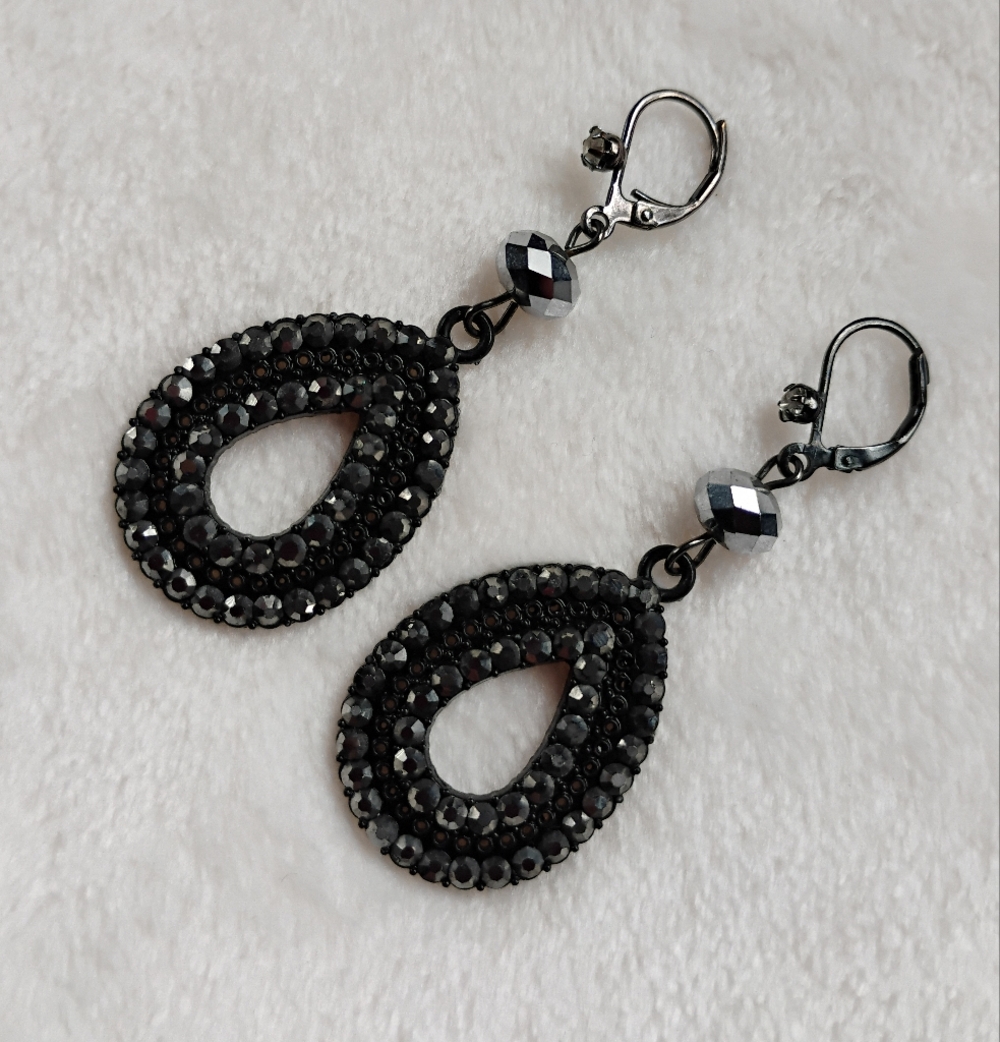 Beautiful Rhinestone Statement Earrings | Marcasite Black Teardrop | 2 3/8"